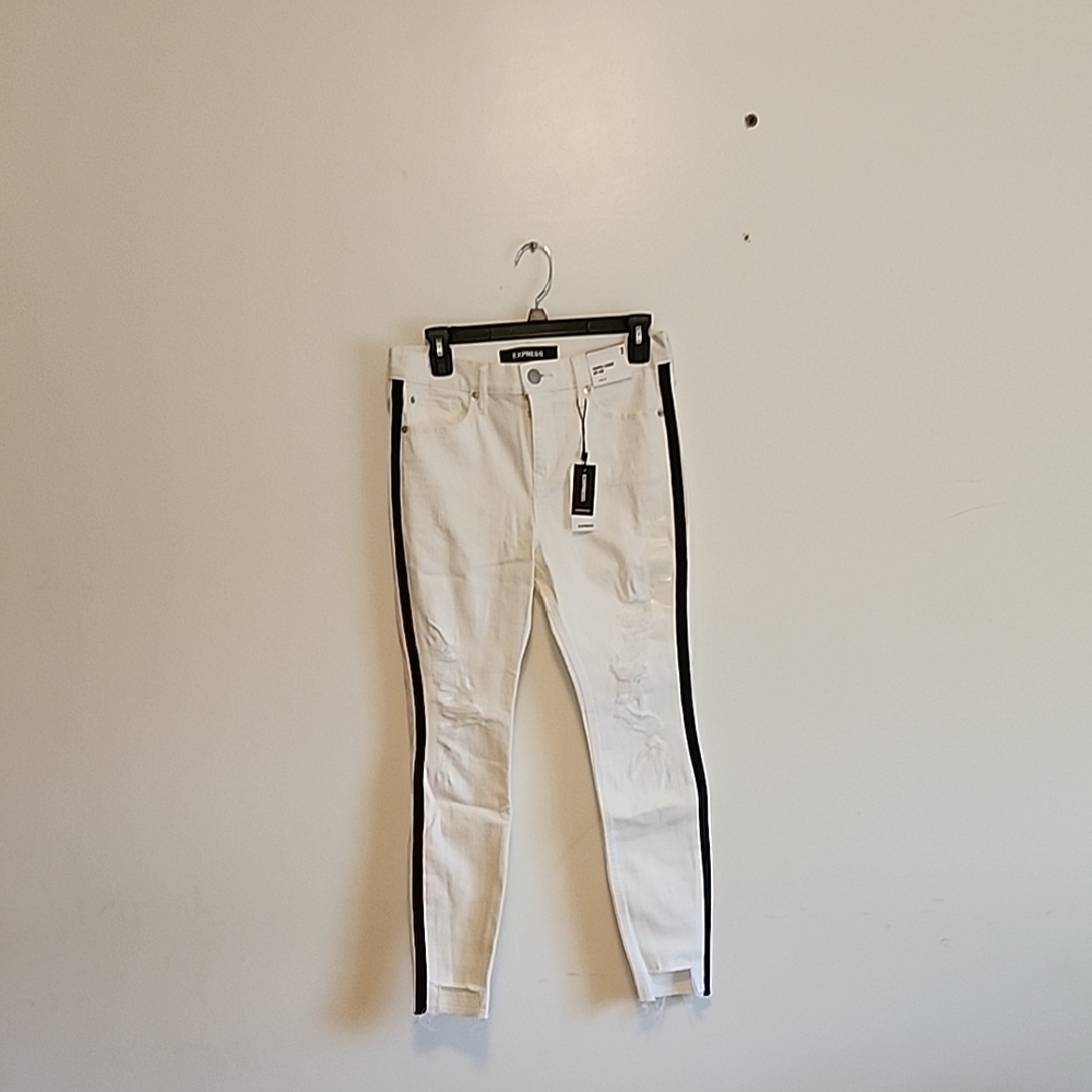 Express White Jeans with Black Accents Cropped Legging MID RISE (Stretch)